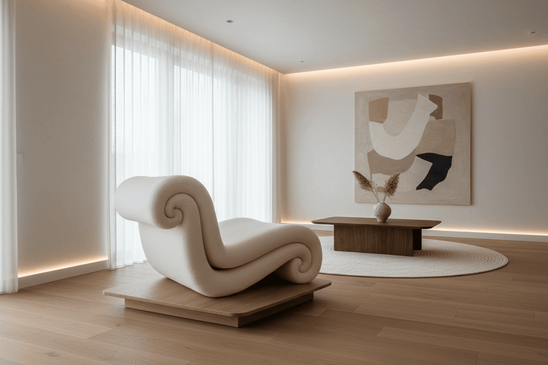 Luxurious statement furniture piece in a styled living room with neutral tones and premium decor accents