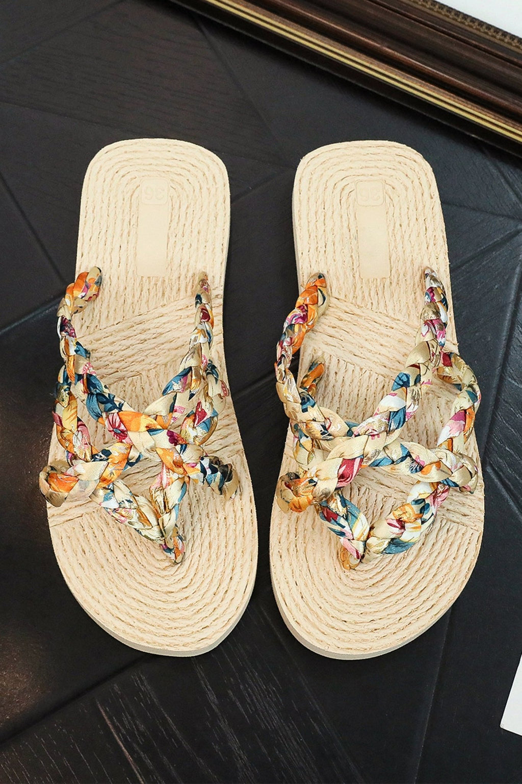 Beige Boho Printed Woven Caged Flip Flops Summer Slippers - Luxe Nest Market