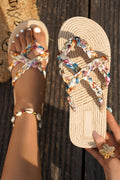 Beige Boho Printed Woven Caged Flip Flops Summer Slippers - Luxe Nest Market