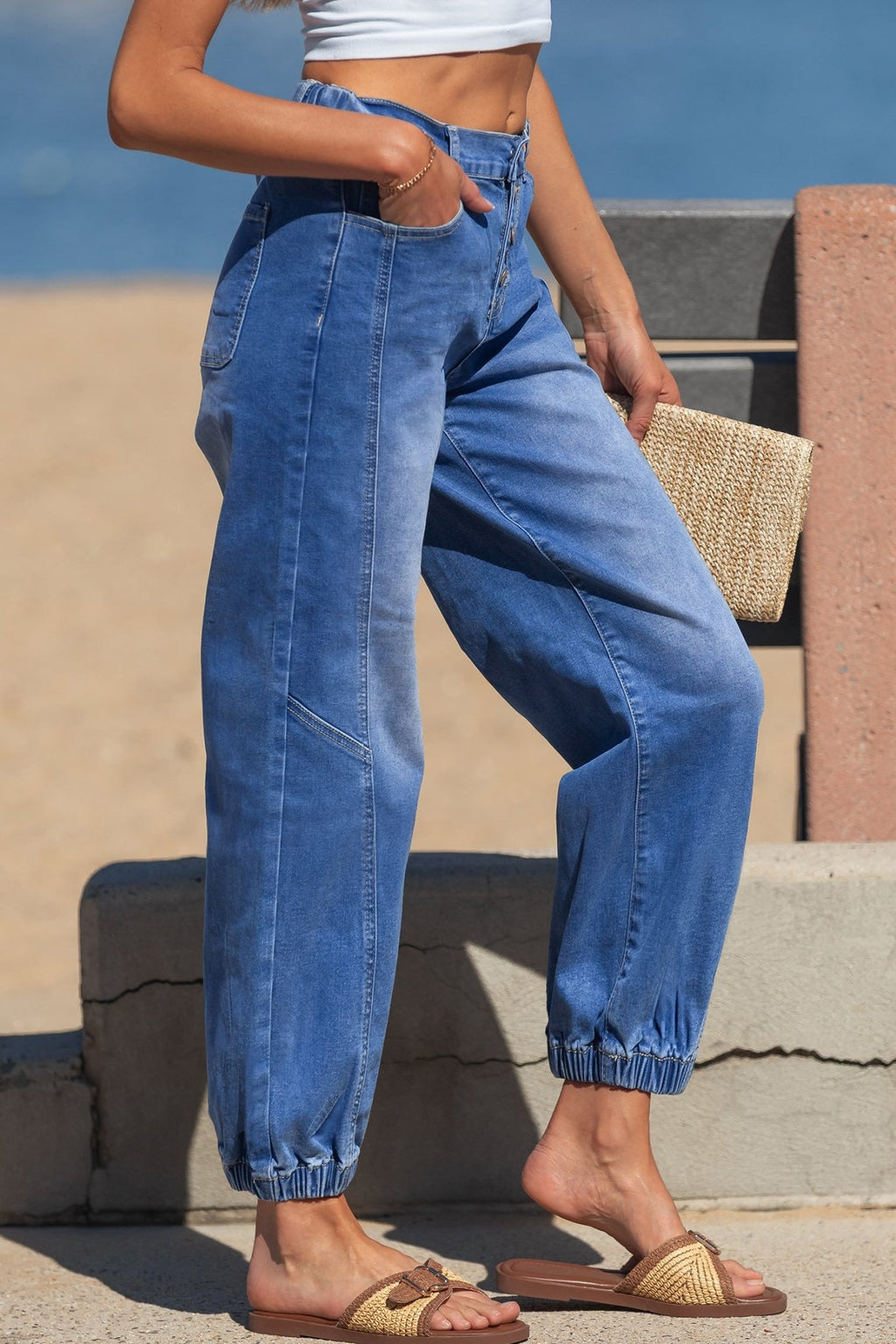 Blue 4 Buttons Front Tapered Casual Loose Fit Jeans - Luxe Nest Market