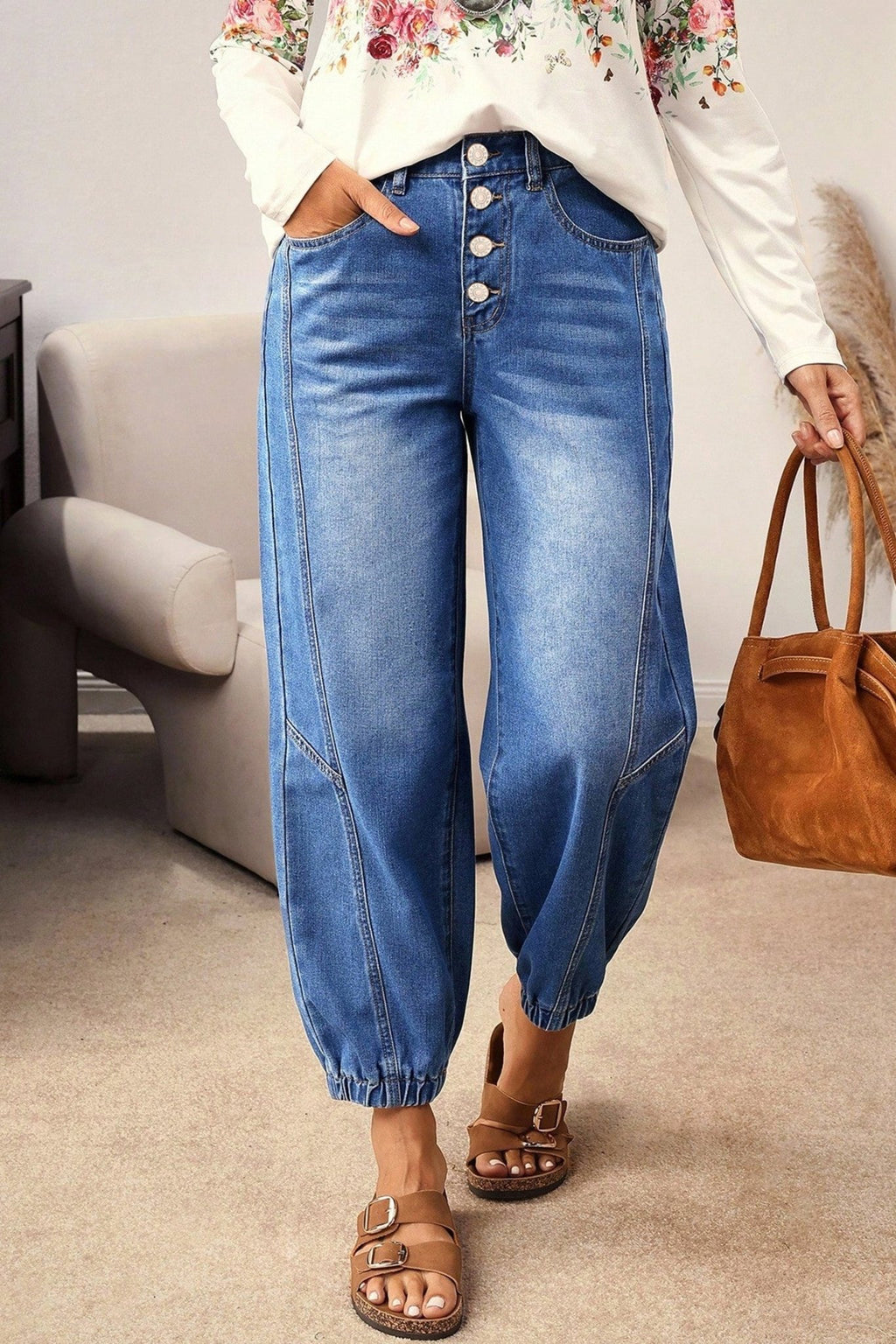 Blue 4 Buttons Front Tapered Casual Loose Fit Jeans - Luxe Nest Market