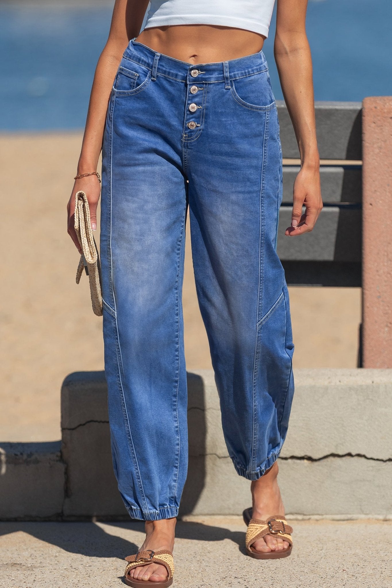 Blue 4 Buttons Front Tapered Casual Loose Fit Jeans - Luxe Nest Market