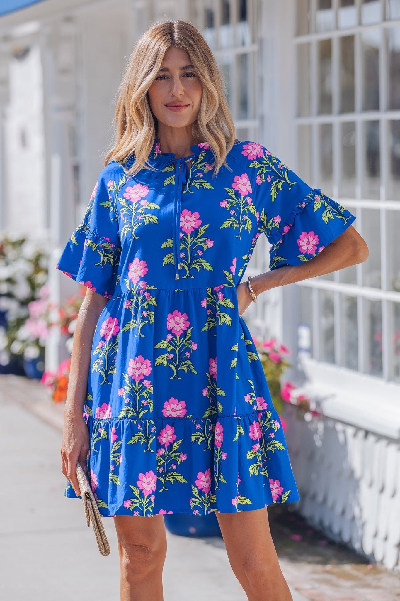 Blue V Neck Short Sleeve Loose Flower Dress - Luxe Nest Market