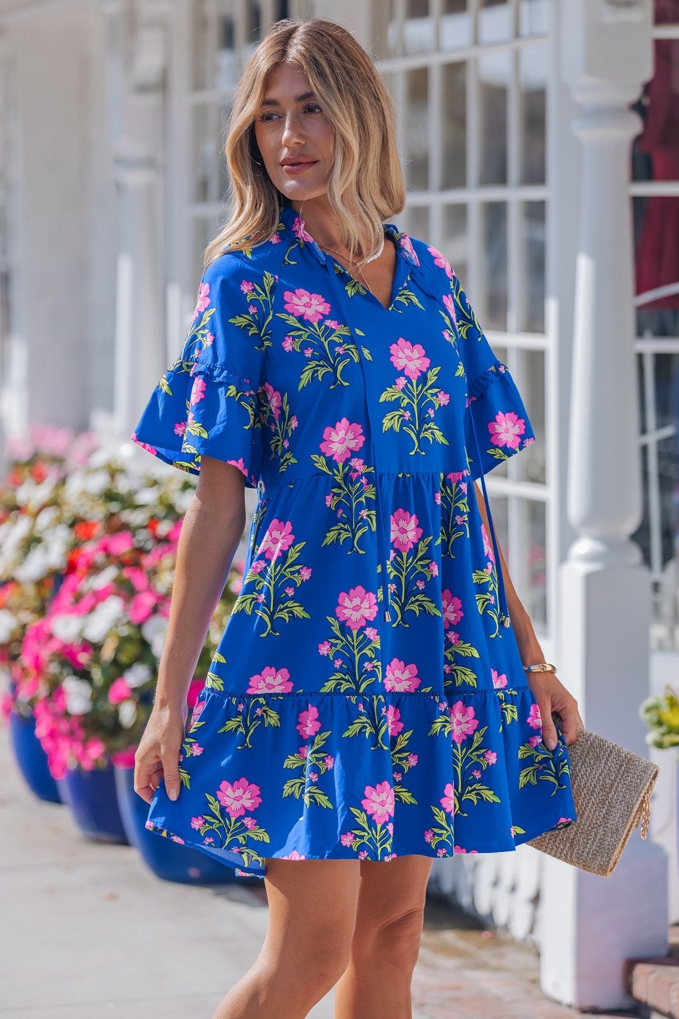 Blue V Neck Short Sleeve Loose Flower Dress - Luxe Nest Market
