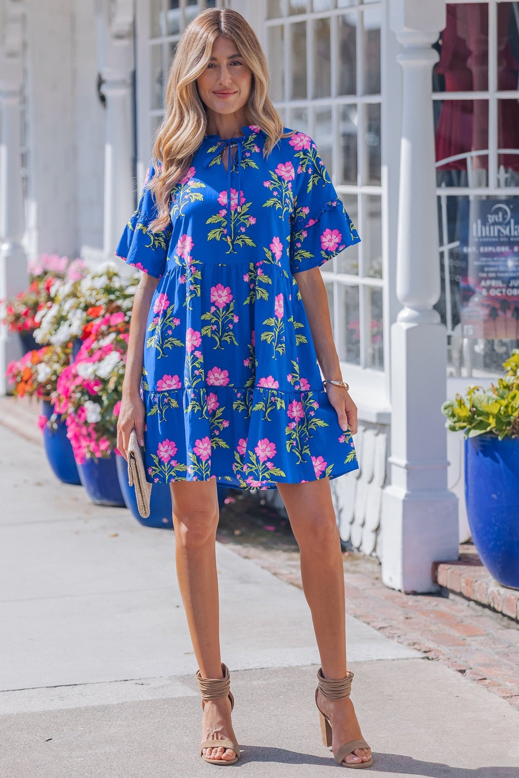 Blue V Neck Short Sleeve Loose Flower Dress - Luxe Nest Market