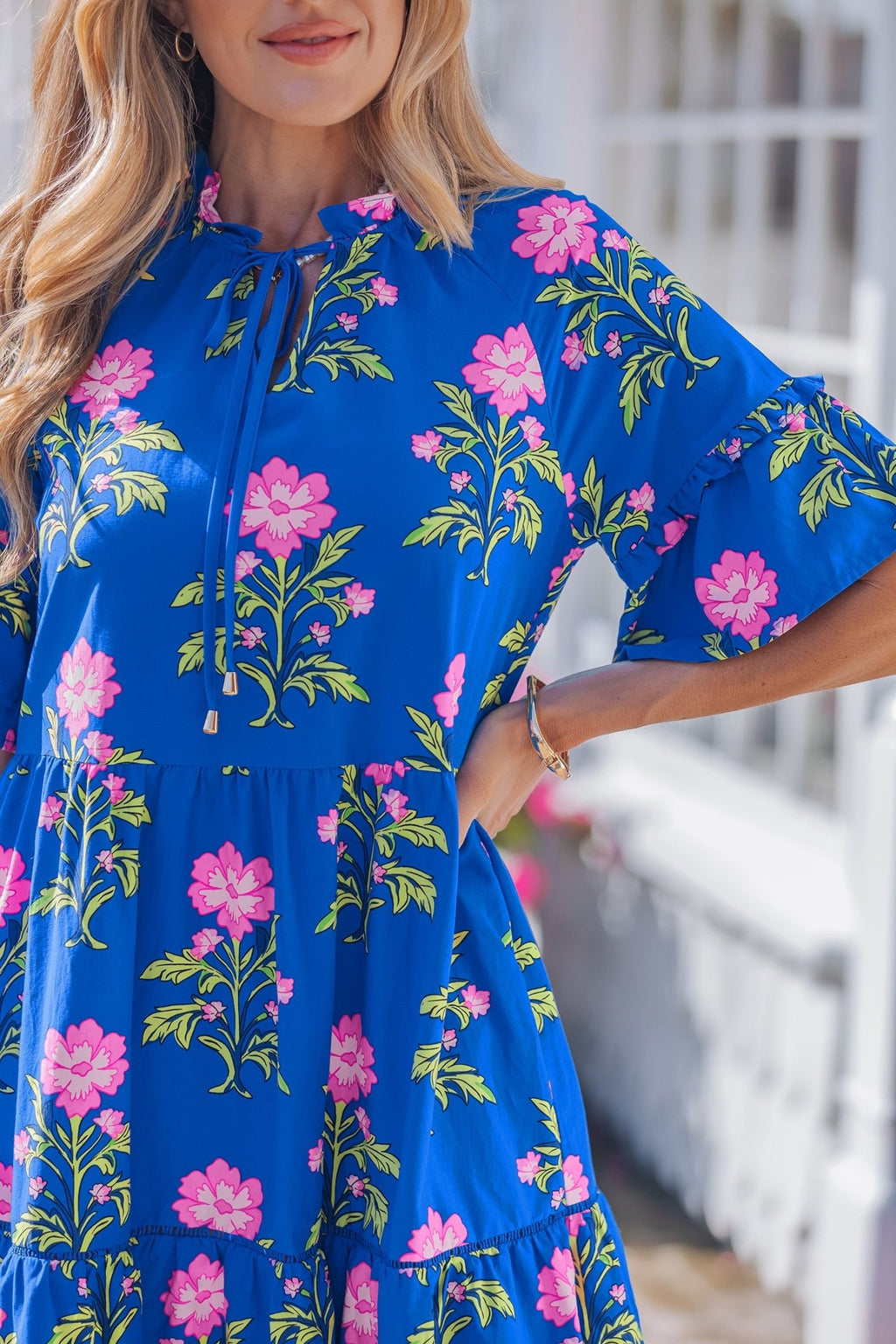 Blue V Neck Short Sleeve Loose Flower Dress - Luxe Nest Market