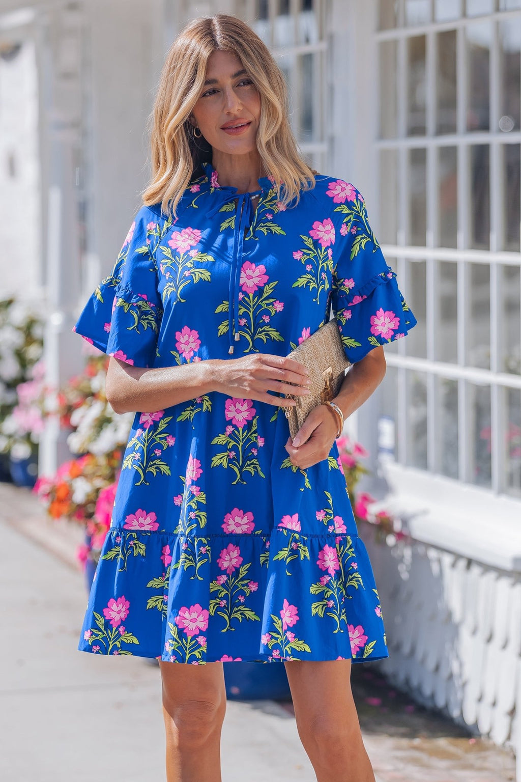 Blue V Neck Short Sleeve Loose Flower Dress - Luxe Nest Market