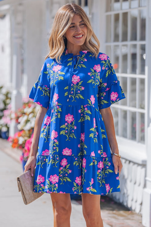 Blue V Neck Short Sleeve Loose Flower Dress - Luxe Nest Market