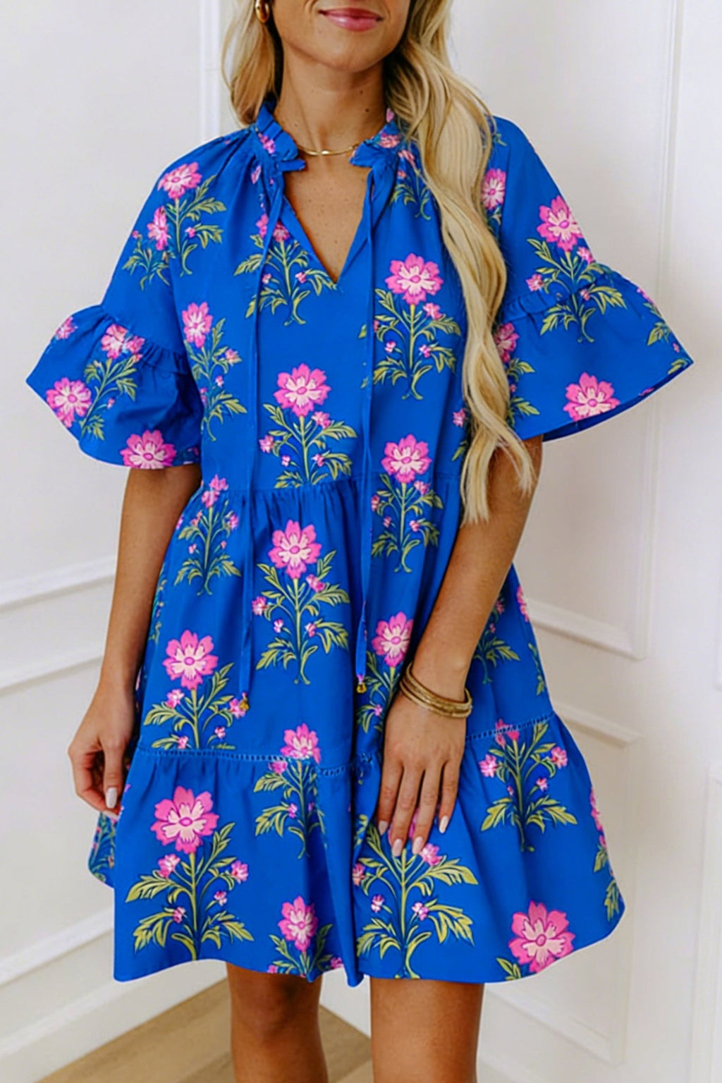 Blue V Neck Short Sleeve Loose Flower Dress - Luxe Nest Market