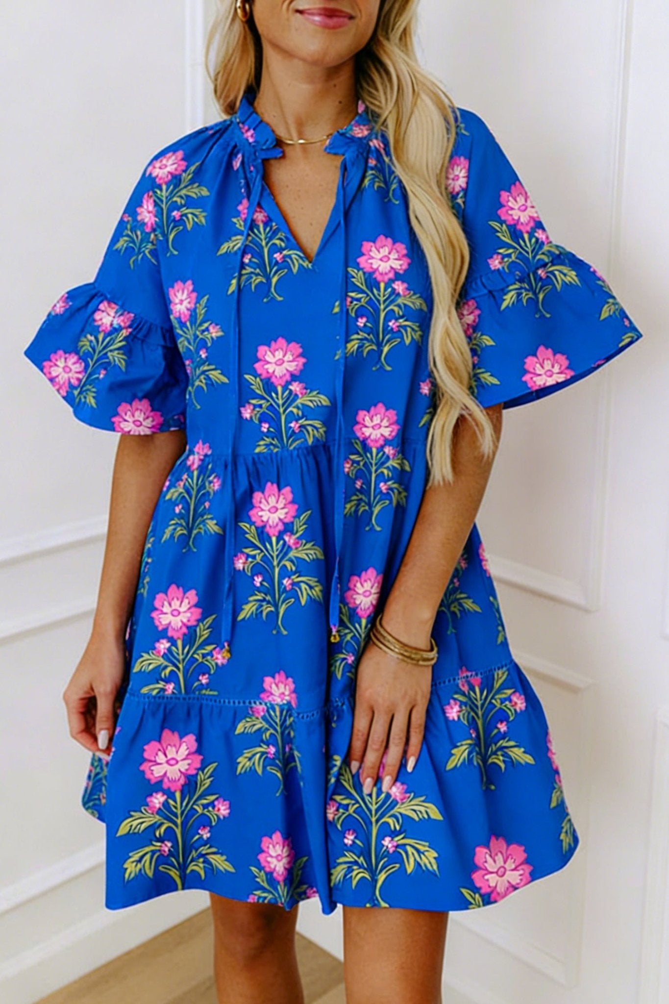 Blue V Neck Short Sleeve Loose Flower Dress - Luxe Nest Market