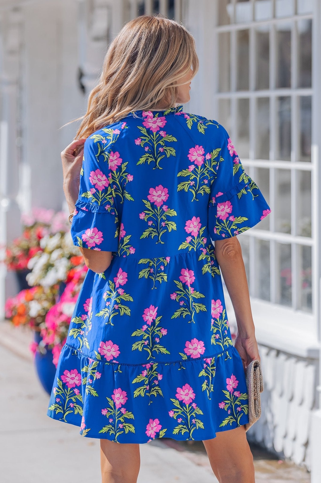 Blue V Neck Short Sleeve Loose Flower Dress - Luxe Nest Market