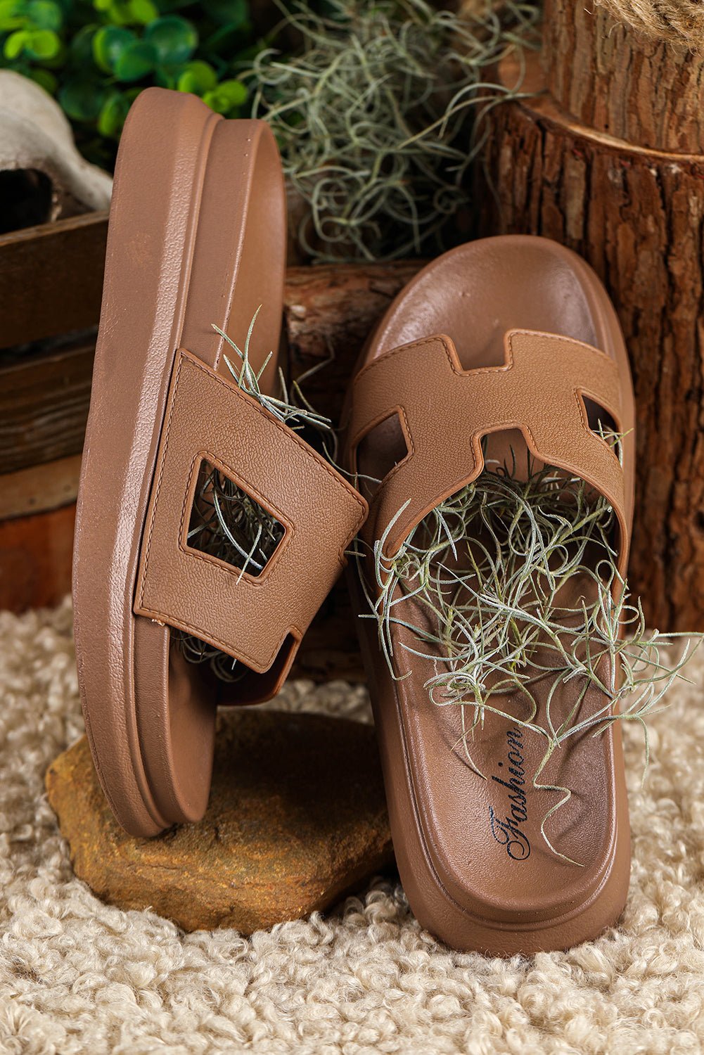 Chestnut Cutout Design Open Toe Platform Slippers (Run Small, Size Up) - Luxe Nest Market