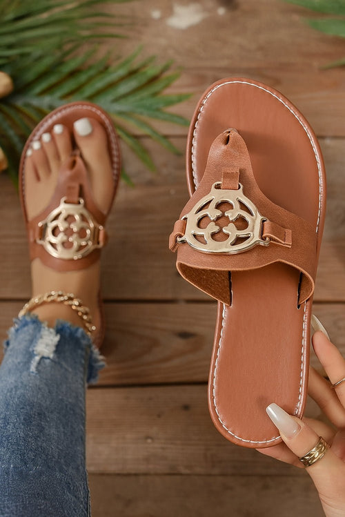 Chestnut Metal Decor Leather Thong Slippers - Luxe Nest Market