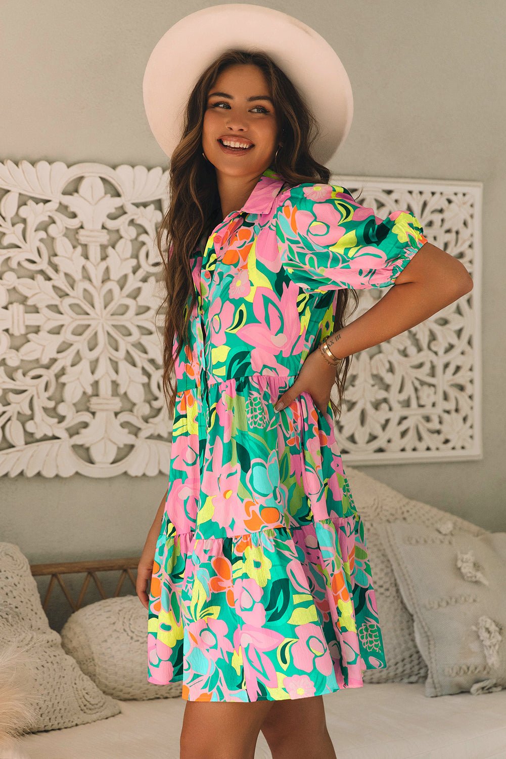 Green Floral Puff Sleeve Collar Buttoned Babydoll Dress - Luxe Nest Market