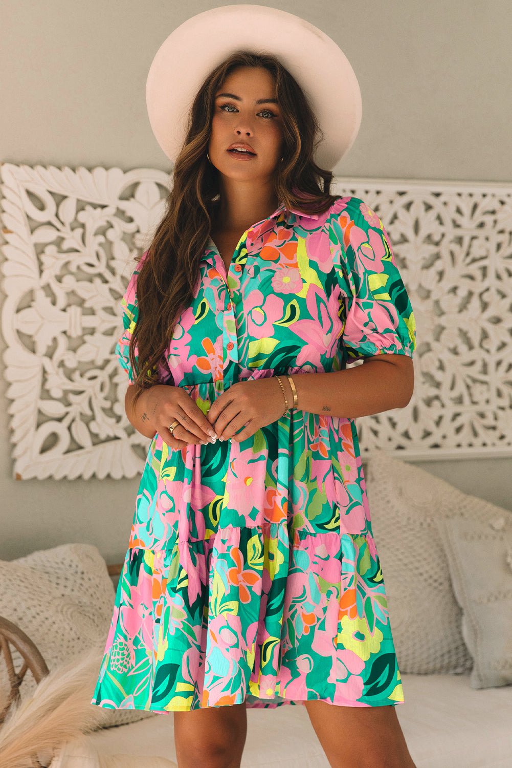 Green Floral Puff Sleeve Collar Buttoned Babydoll Dress - Luxe Nest Market