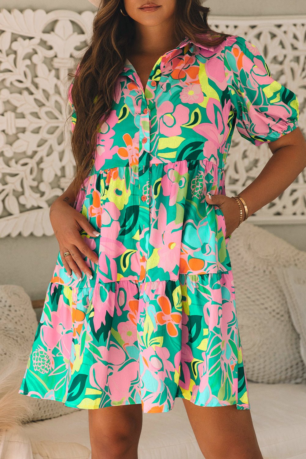 Green Floral Puff Sleeve Collar Buttoned Babydoll Dress - Luxe Nest Market