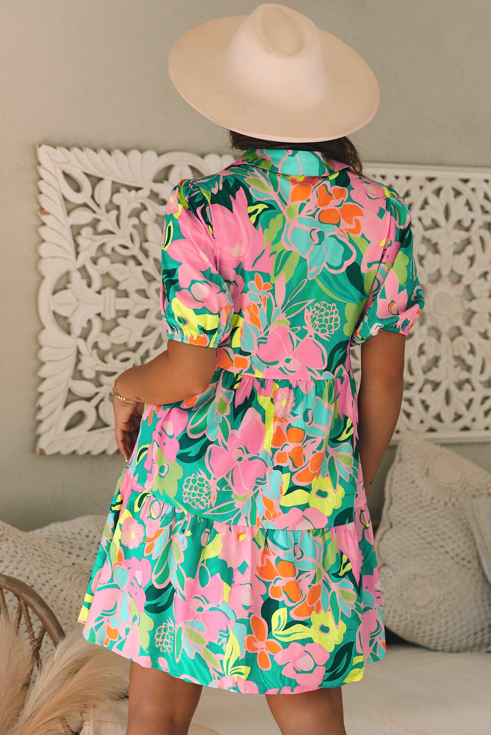 Green Floral Puff Sleeve Collar Buttoned Babydoll Dress - Luxe Nest Market
