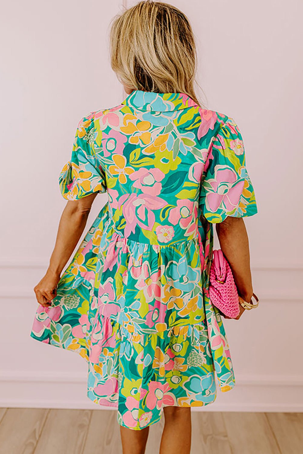 Green Floral Puff Sleeve Collar Buttoned Babydoll Dress - Luxe Nest Market