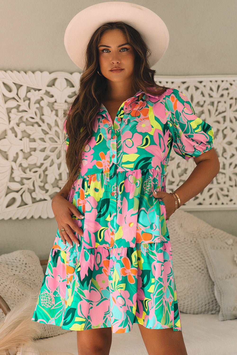 Green Floral Puff Sleeve Collar Buttoned Babydoll Dress - Luxe Nest Market