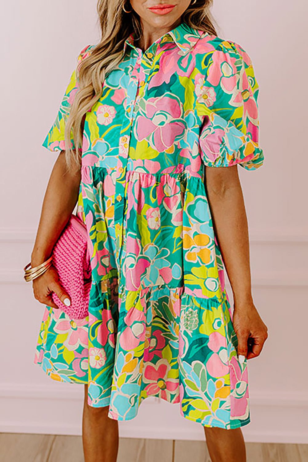 Green Floral Puff Sleeve Collar Buttoned Babydoll Dress - Luxe Nest Market