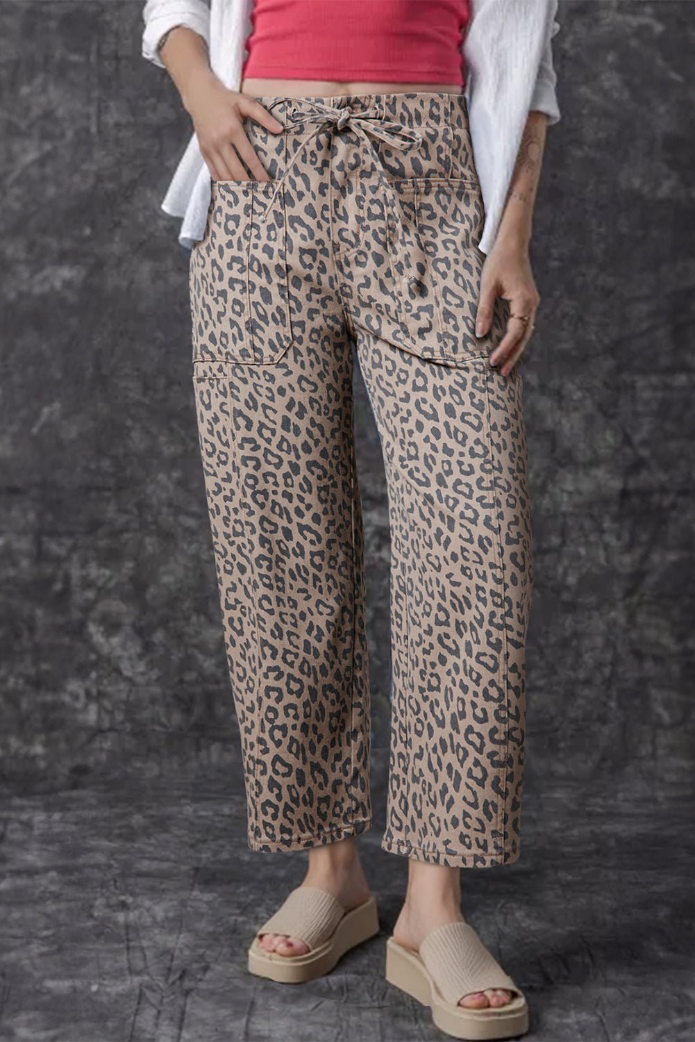 Khaki Leopard Printed Drawstring Elastic Waistband Pocketed Barrel Jeans - Luxe Nest Market
