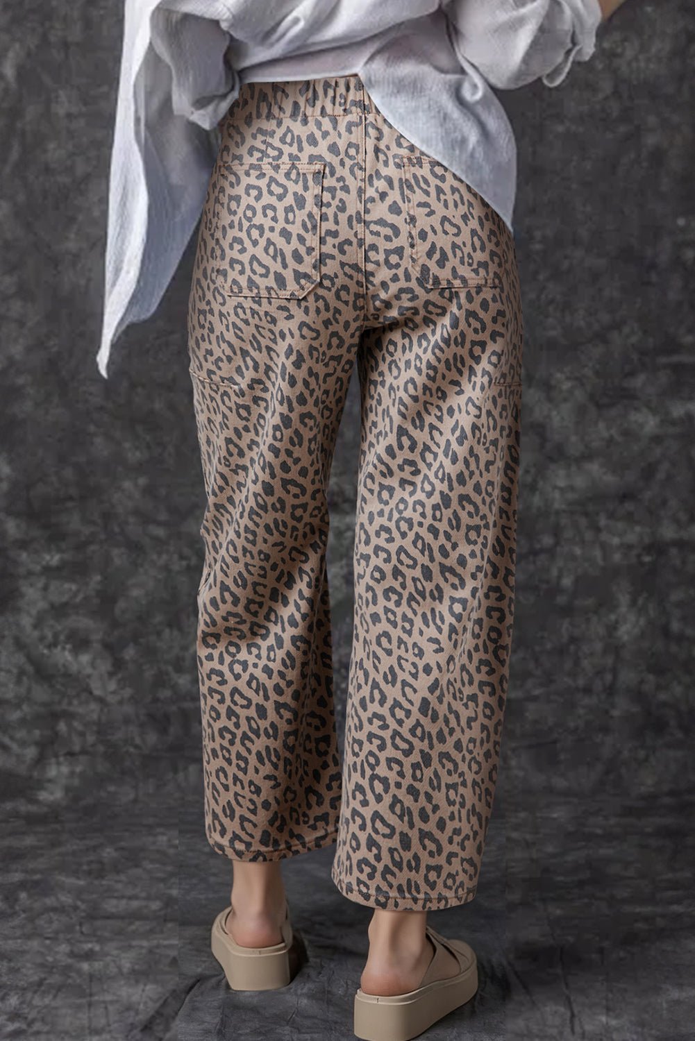 Khaki Leopard Printed Drawstring Elastic Waistband Pocketed Barrel Jeans - Luxe Nest Market