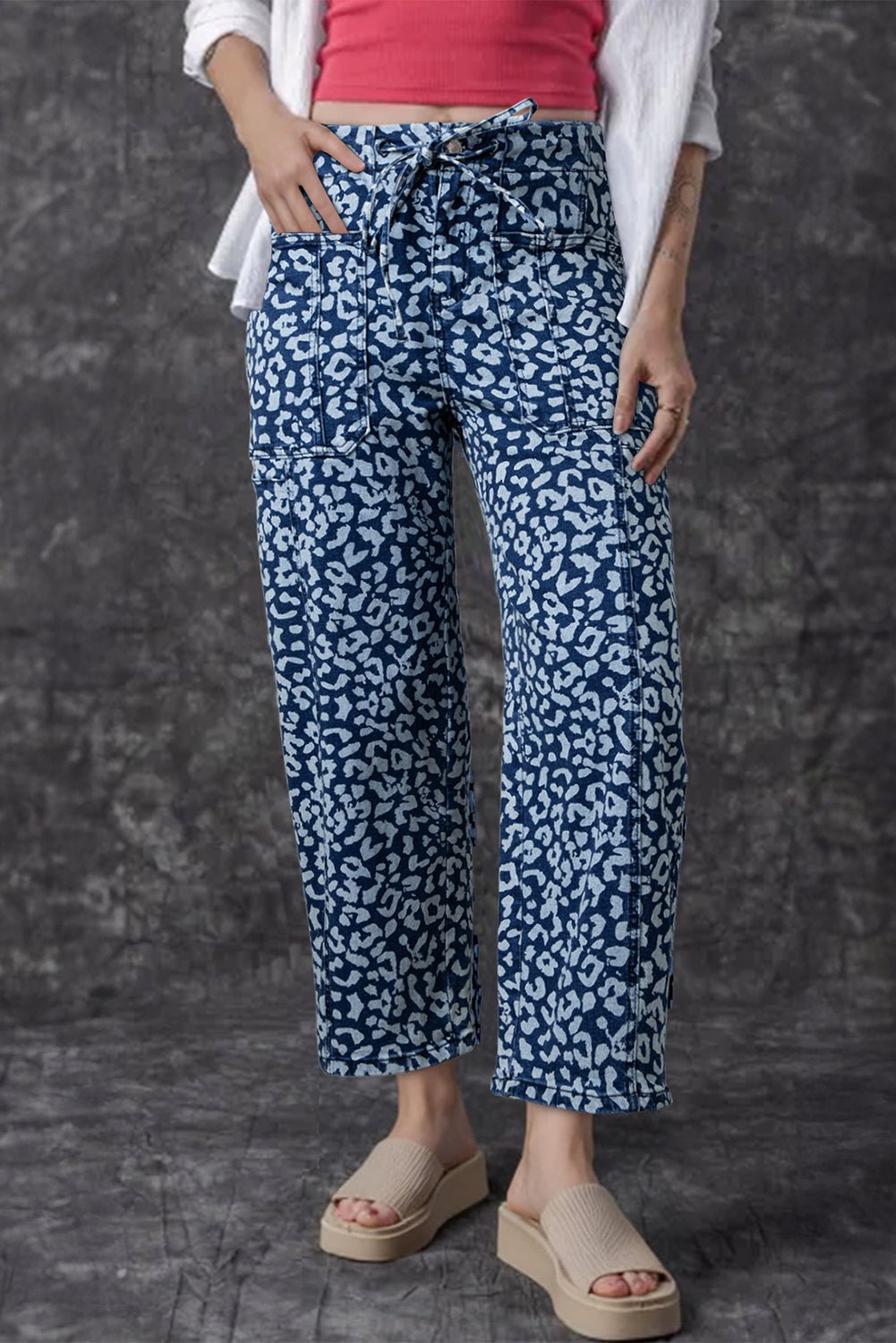 Khaki Leopard Printed Drawstring Elastic Waistband Pocketed Barrel Jeans - Luxe Nest Market