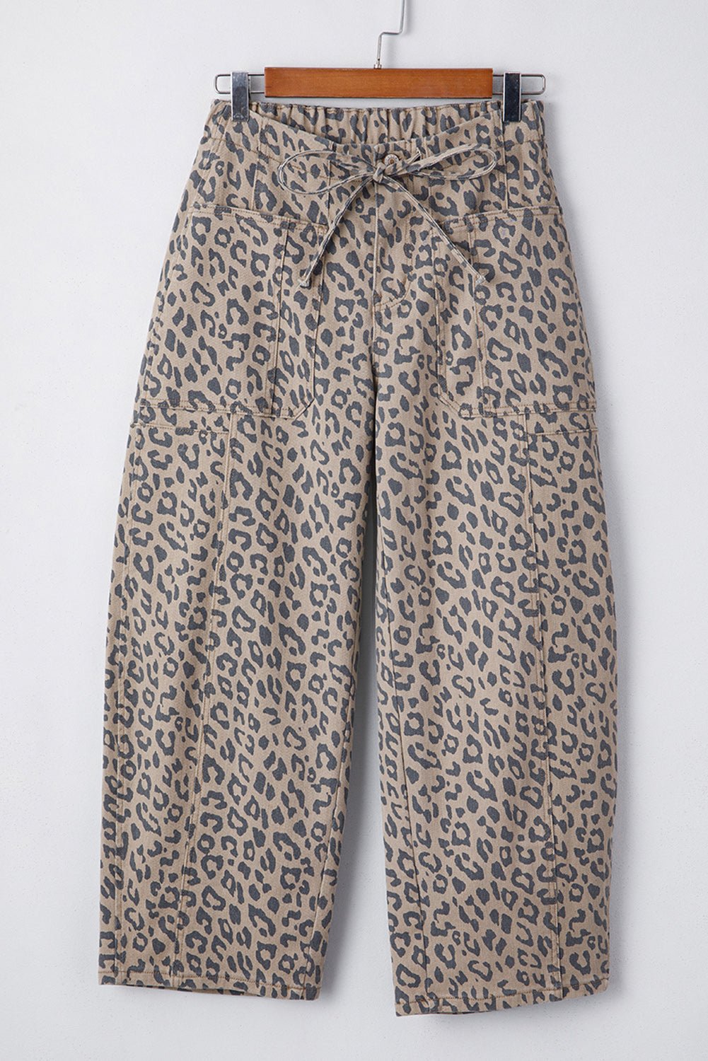 Khaki Leopard Printed Drawstring Elastic Waistband Pocketed Barrel Jeans - Luxe Nest Market