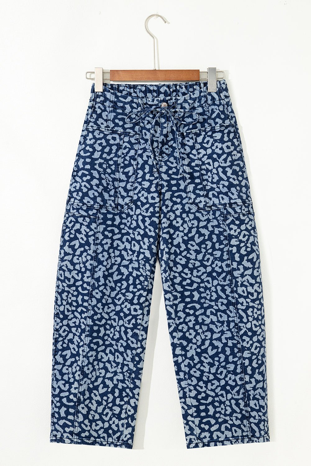 Khaki Leopard Printed Drawstring Elastic Waistband Pocketed Barrel Jeans - Luxe Nest Market
