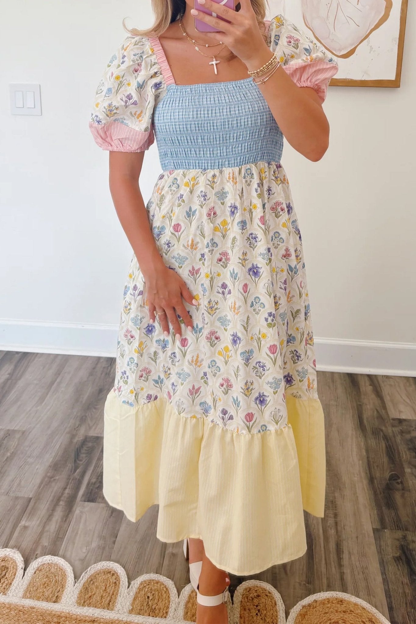 Multicolour Floral Print Striped Color Block Patchwork Square Neck Shirred Long Dress - Luxe Nest Market