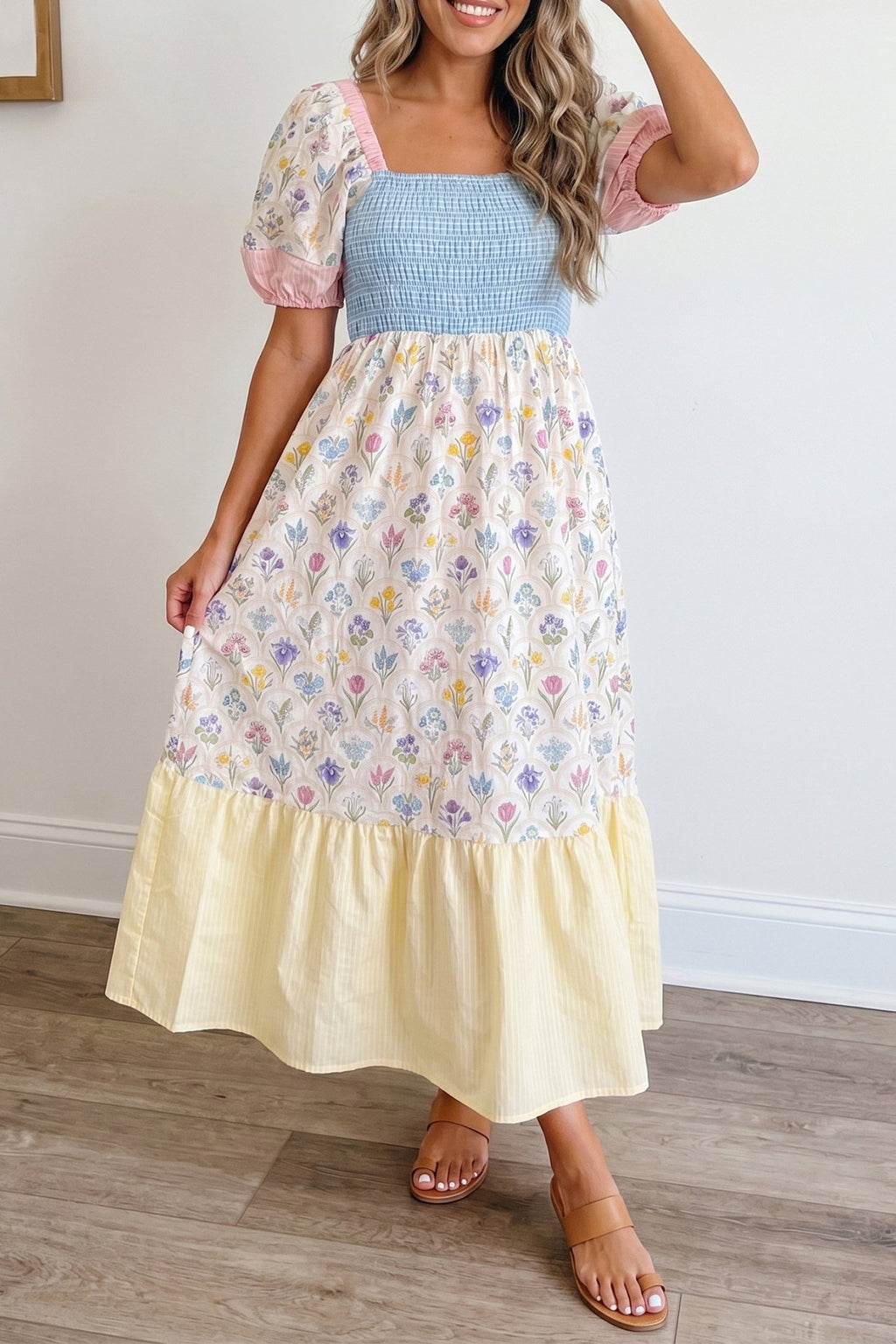 Multicolour Floral Print Striped Color Block Patchwork Square Neck Shirred Long Dress - Luxe Nest Market