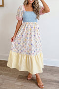 Multicolour Floral Print Striped Color Block Patchwork Square Neck Shirred Long Dress - Luxe Nest Market