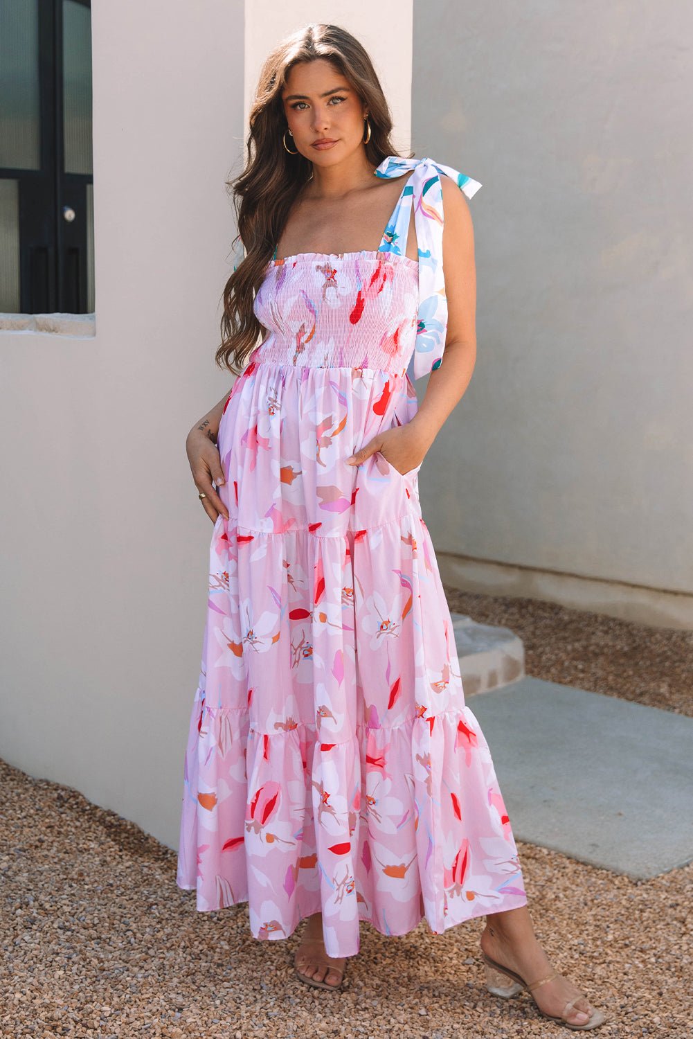 Pink Floral Print Knotted Shoulder Smocked Maxi Dress - Luxe Nest Market