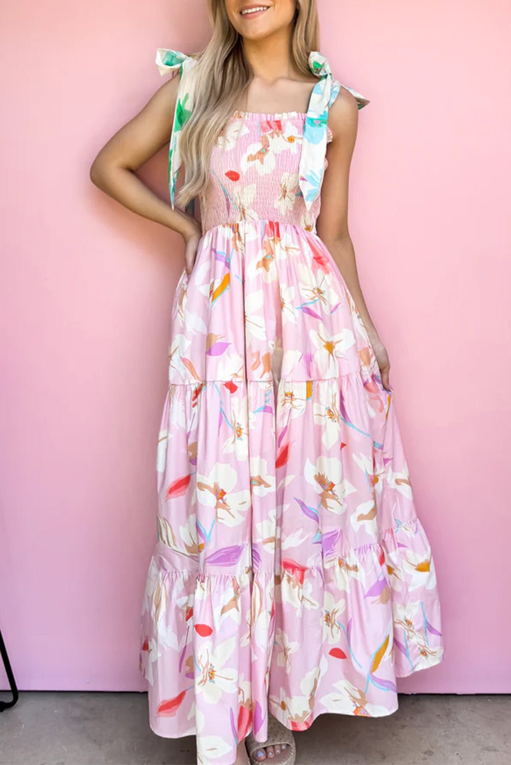 Pink Floral Print Knotted Shoulder Smocked Maxi Dress - Luxe Nest Market