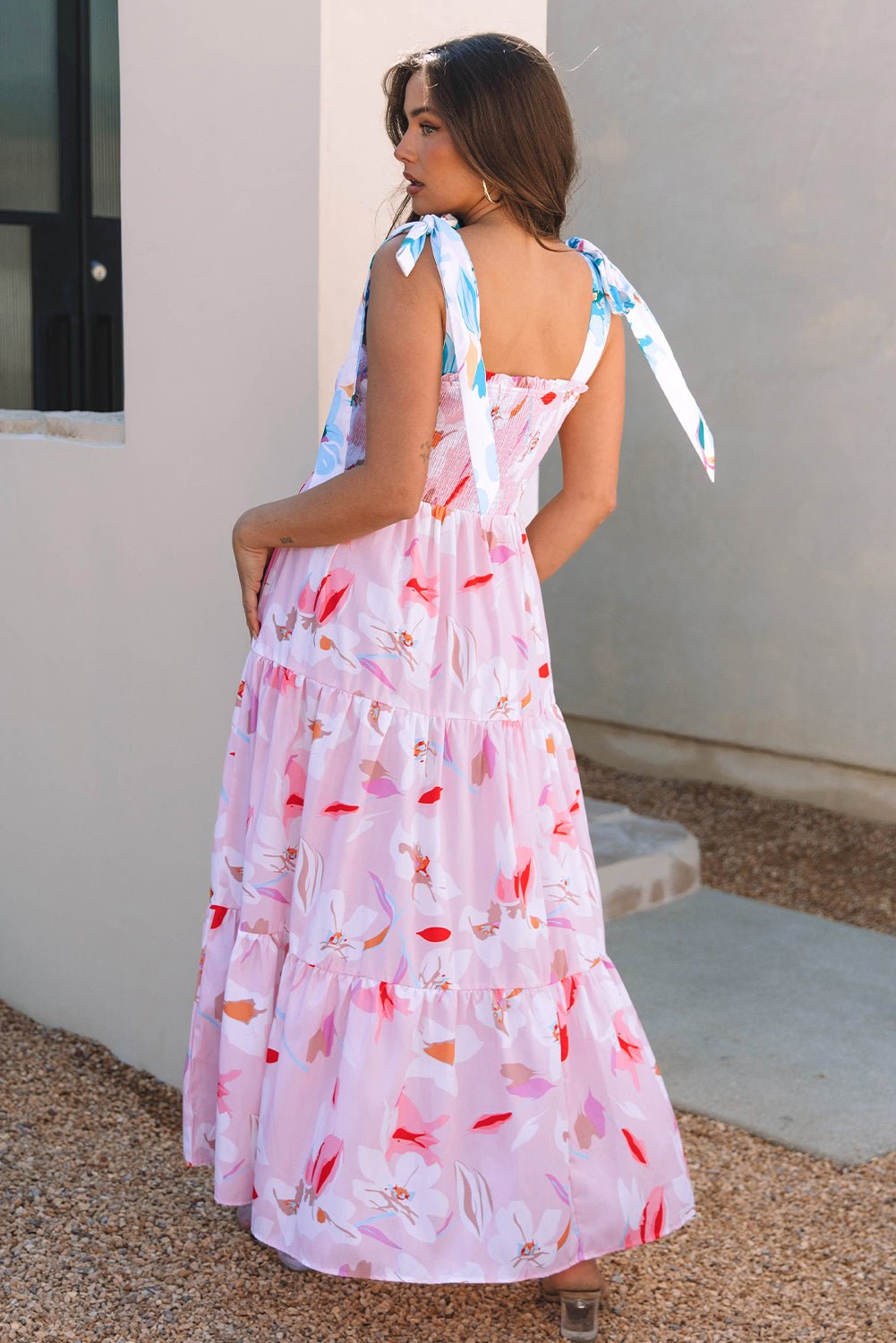 Pink Floral Print Knotted Shoulder Smocked Maxi Dress - Luxe Nest Market
