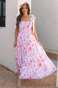 Pink Floral Print Knotted Shoulder Smocked Maxi Dress - Luxe Nest Market