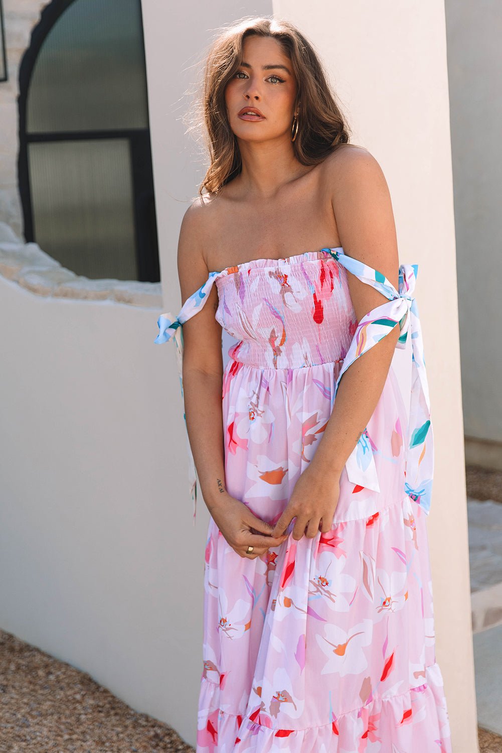 Pink Floral Print Knotted Shoulder Smocked Maxi Dress - Luxe Nest Market