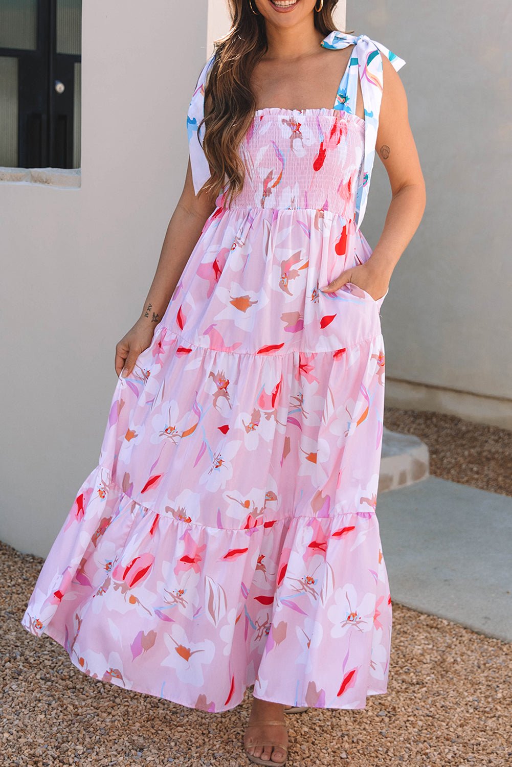 Pink Floral Print Knotted Shoulder Smocked Maxi Dress - Luxe Nest Market