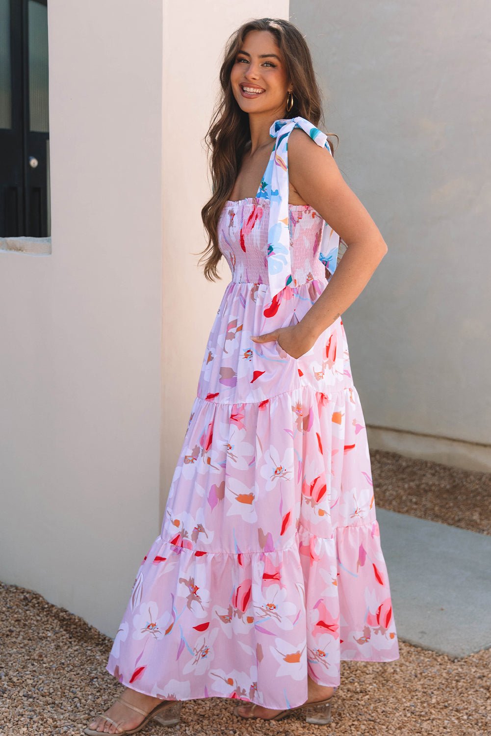 Pink Floral Print Knotted Shoulder Smocked Maxi Dress - Luxe Nest Market
