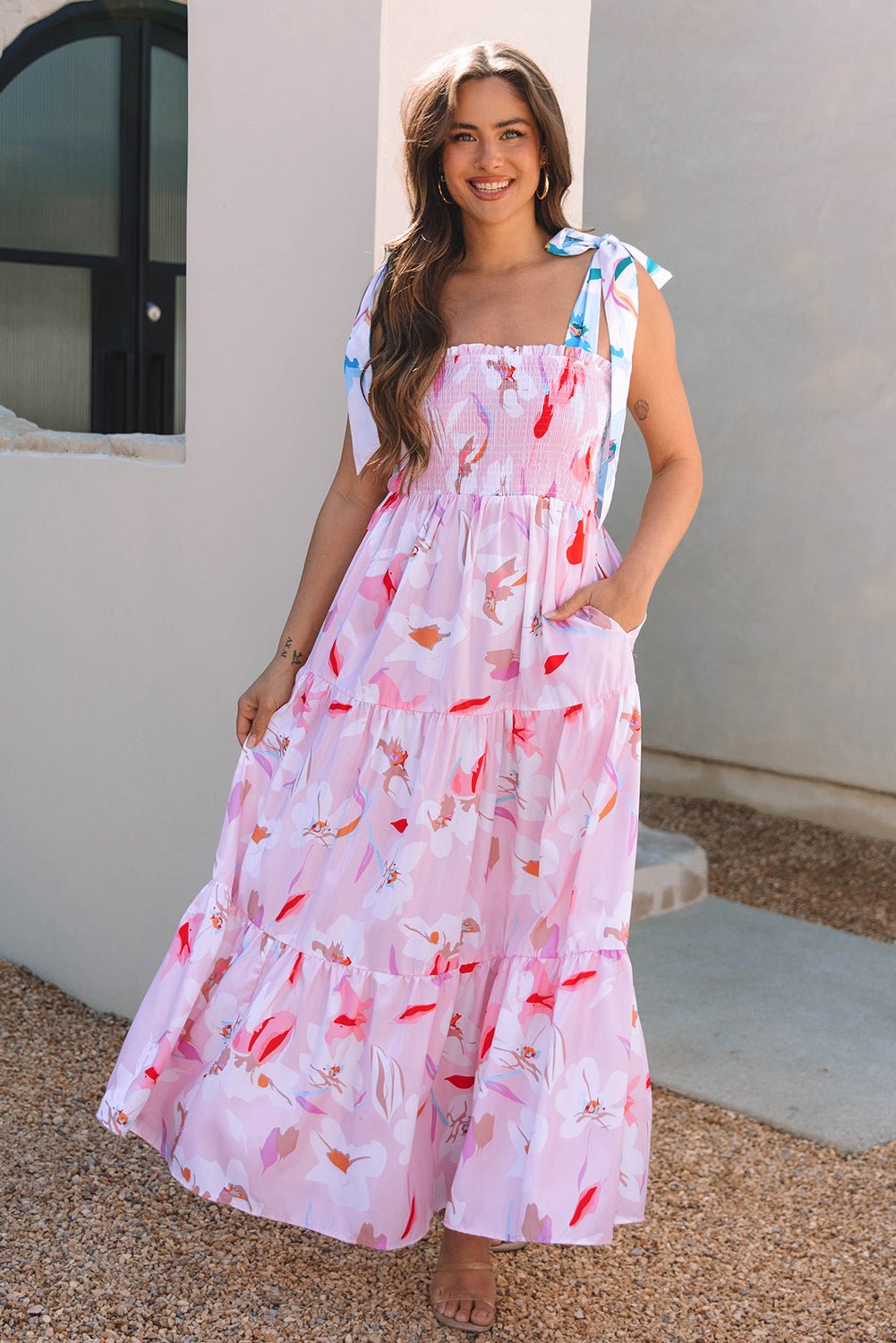 Pink Floral Print Knotted Shoulder Smocked Maxi Dress - Luxe Nest Market