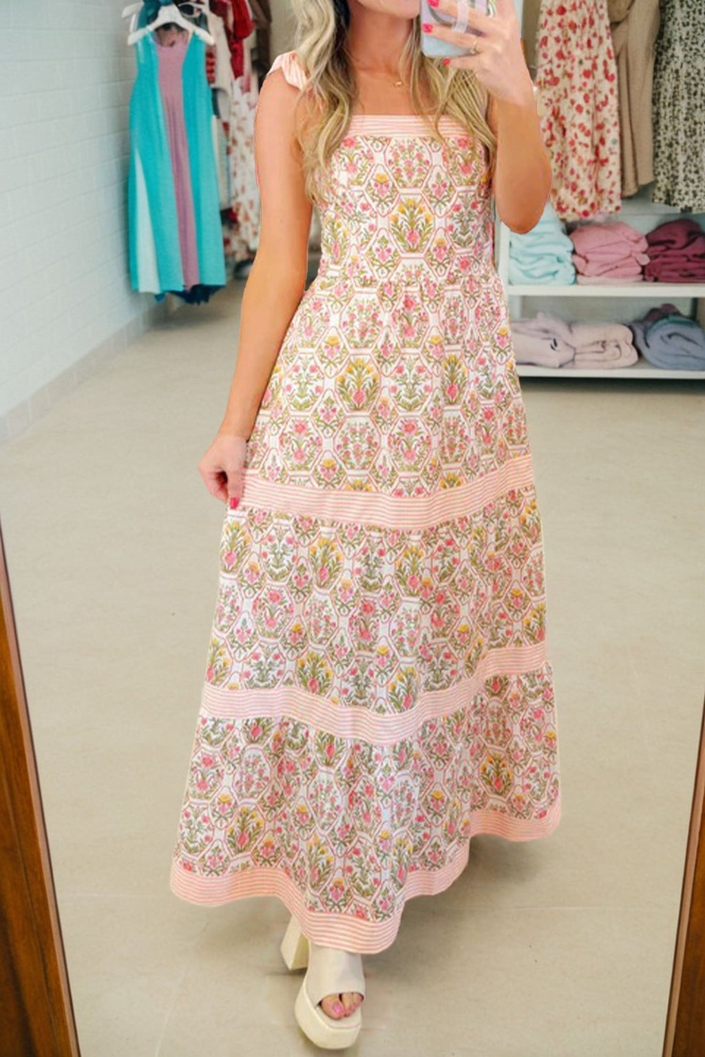 Pink Geometric Floral Print Striped Patchwork Detail Sleeveless Dress - Luxe Nest Market