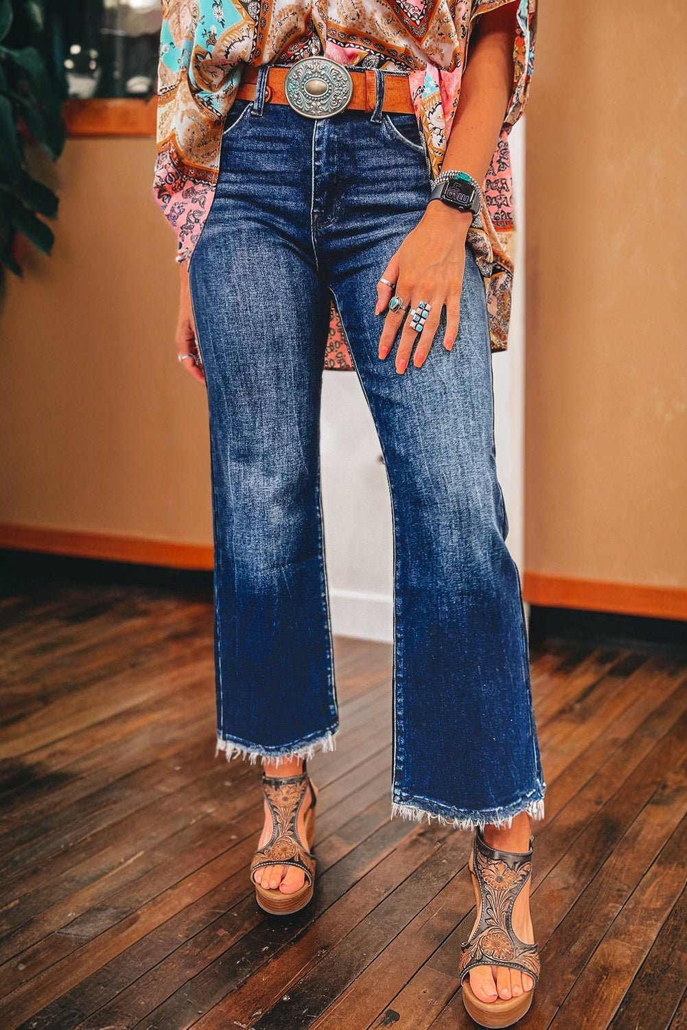Sail Blue Mineral Wash Raw Hem High Waist Flared Jeans - Luxe Nest Market