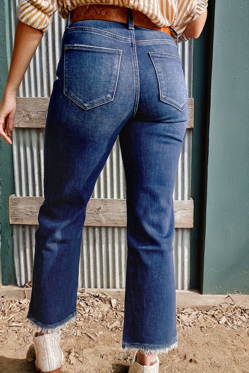 Sail Blue Mineral Wash Raw Hem High Waist Flared Jeans - Luxe Nest Market