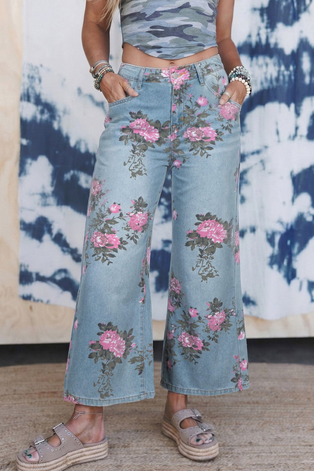 Sky Blue Garden Floral Print Bootcut Jeans - Luxe Nest Market