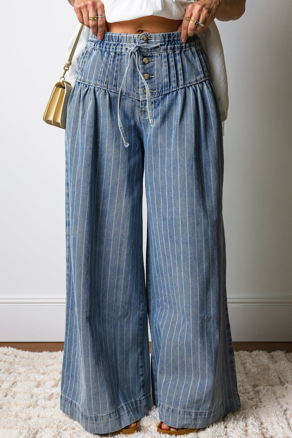 Sky Blue Stripe Button Pleated Drawstring Waist Casual Wide Leg Jeans - Luxe Nest Market