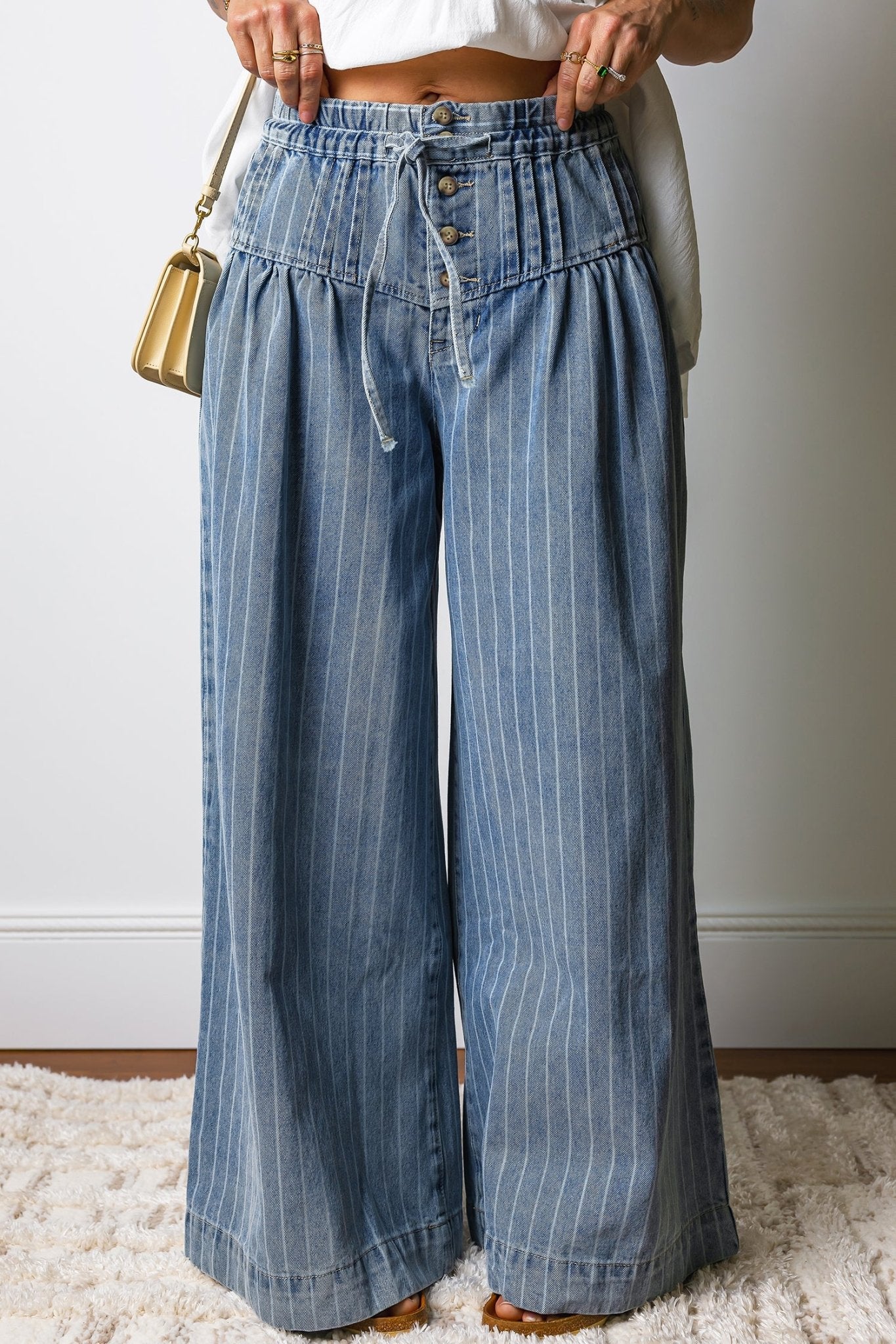 Sky Blue Stripe Button Pleated Drawstring Waist Casual Wide Leg Jeans - Luxe Nest Market