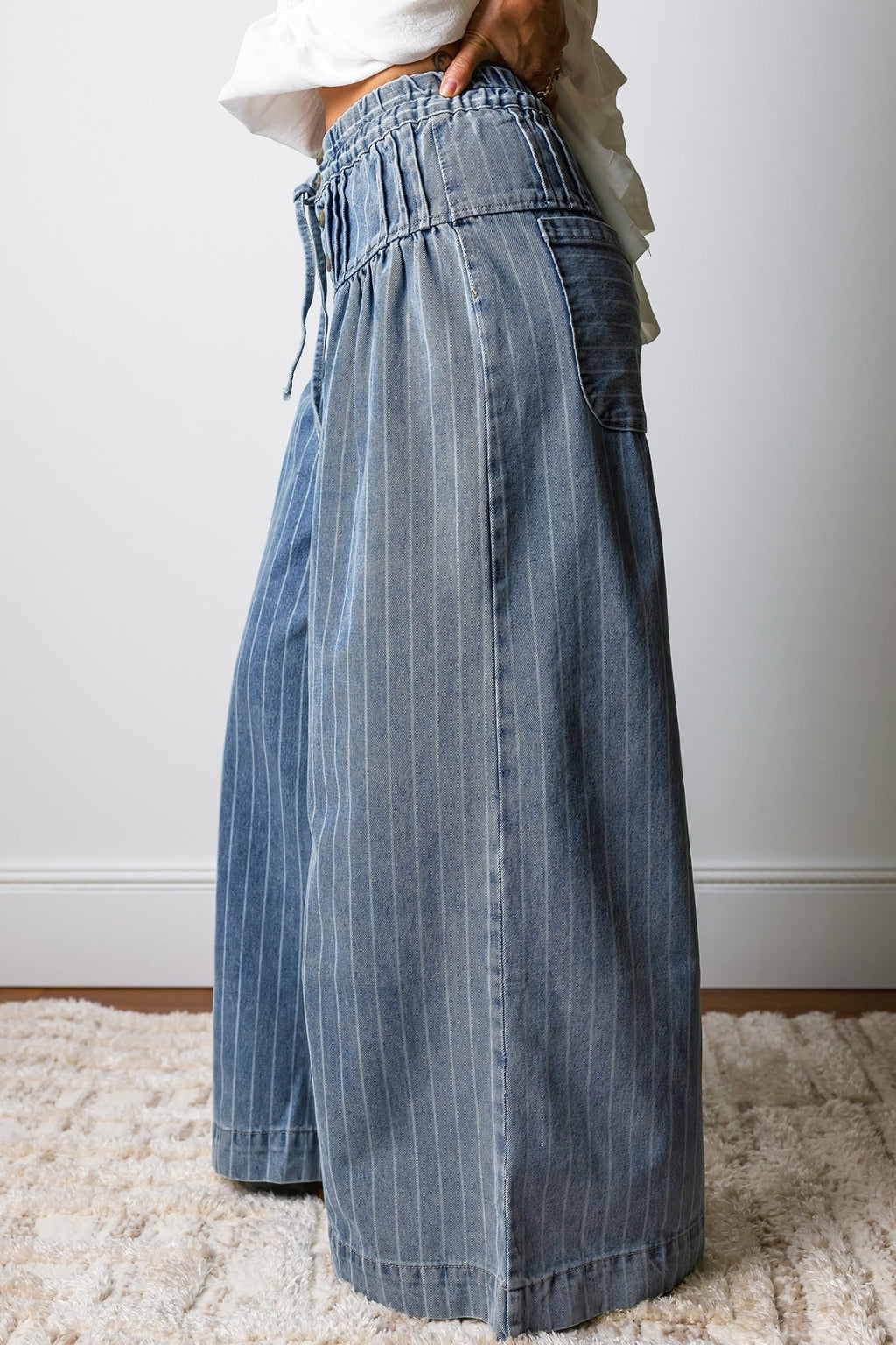 Sky Blue Stripe Button Pleated Drawstring Waist Casual Wide Leg Jeans - Luxe Nest Market