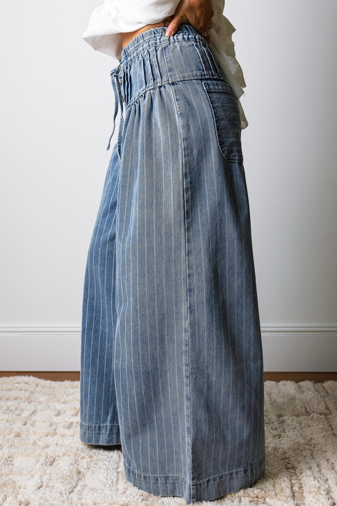 Sky Blue Stripe Button Pleated Drawstring Waist Casual Wide Leg Jeans - Luxe Nest Market