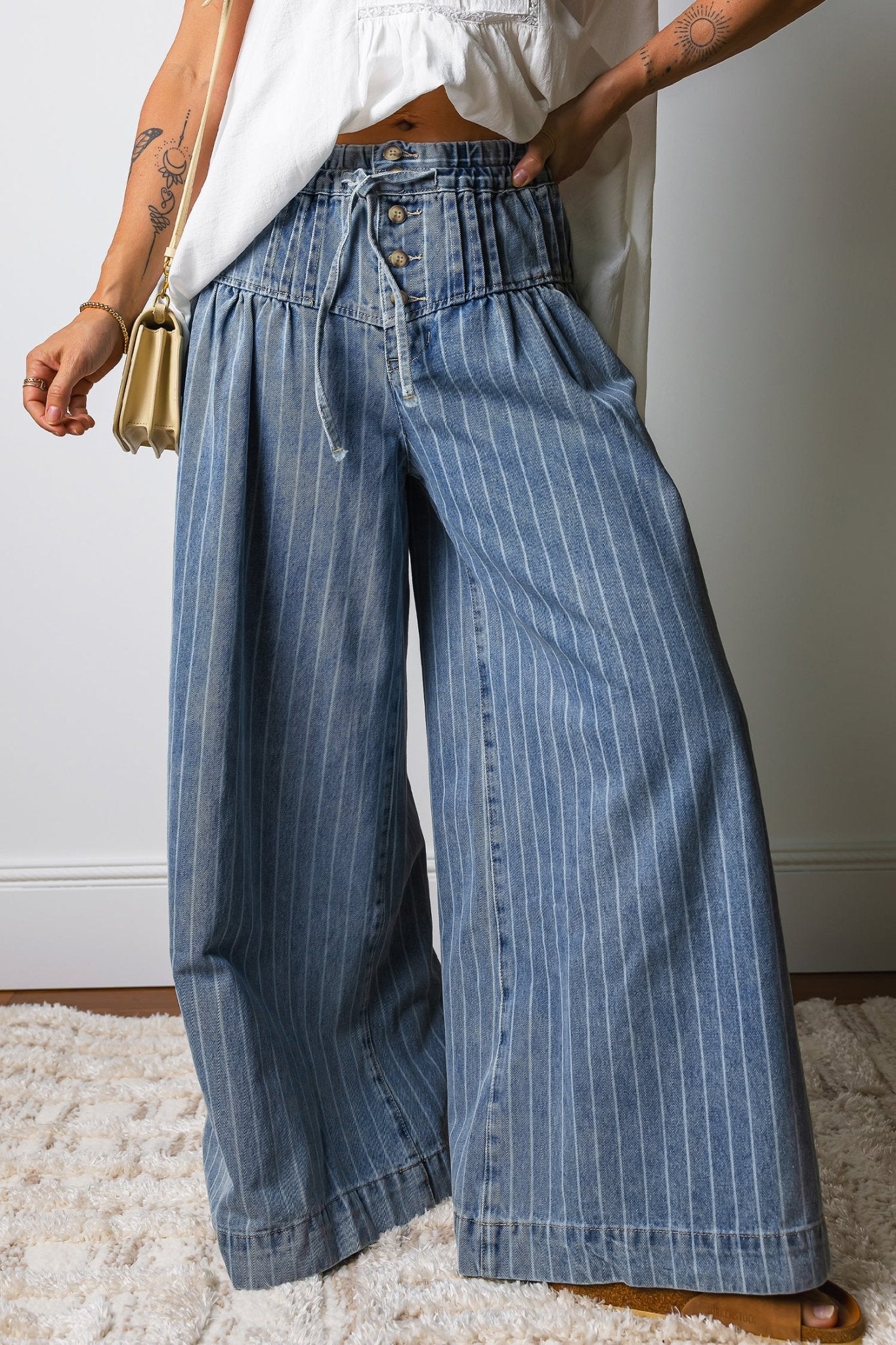 Sky Blue Stripe Button Pleated Drawstring Waist Casual Wide Leg Jeans - Luxe Nest Market
