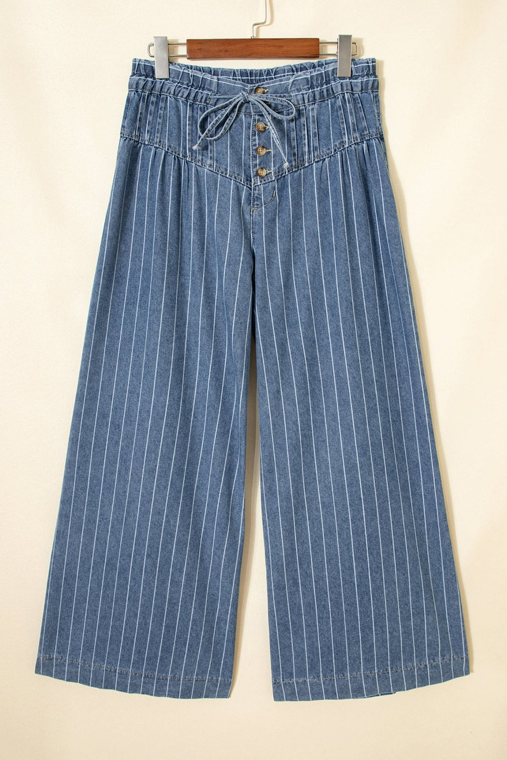 Sky Blue Stripe Button Pleated Drawstring Waist Casual Wide Leg Jeans - Luxe Nest Market